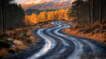 Fototapeta premium Winding autumn road through Scottish highlands, sunset