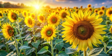 Fototapeta premium A Vibrant Field of Sunflowers Bathed in Golden Sunlight, a Symphony of Yellow Petals Facing the Horizon