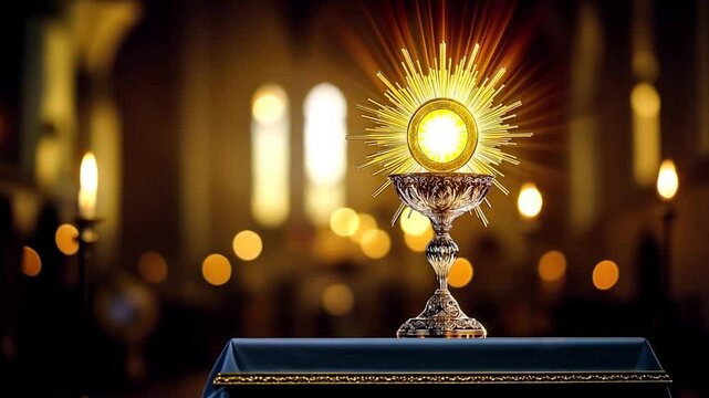 Monstrance with Blessed Sacrament in Candlelit Chapel