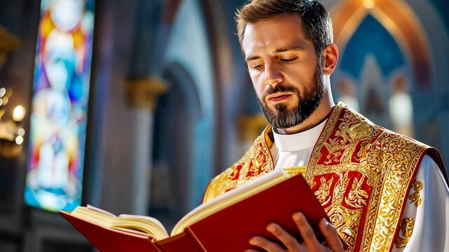 Priest Reading Prayers from Missal During Liturgy
