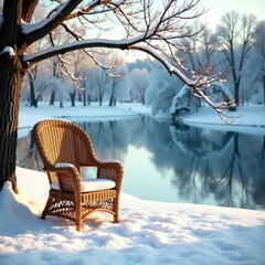 Wicker armchair beside a frozen pond with snowy trees and bare branches, snow, tree