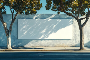 Blank billboard, urban street, trees, sunlight, mockup