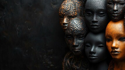 Fototapeta premium Artistic display of tribal masks on a textured black background, perfect for Black History Month, cultural appreciation events, or art exhibits.