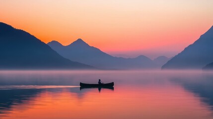 Serene Sunrise Reflection Over Calm Lake with Canoe and Mountain