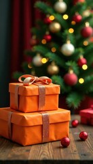 Wrapped orange gift parcels stacked on a wooden table under a decorated Christmas tree, Gift Wrapping, Decorations, Christmas Trees