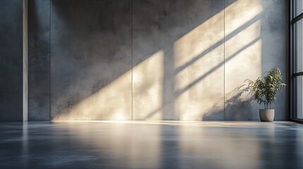 A smooth concrete backdrop with faint horizontal striations, paired with a glossy floor, softly illuminated by even lighting to create a refined and professional setting for product presentation,