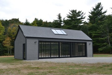 Obraz premium Modern architectural structure with large glass windows set against a serene forest backdrop on an overcast day
