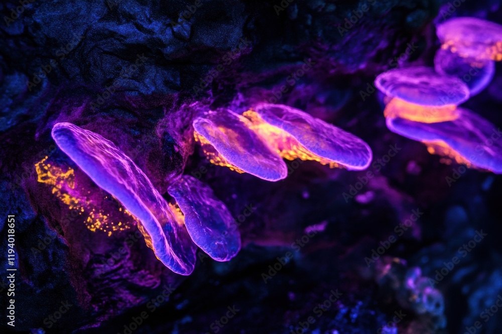 Aufkleber glowing bacteria thriving on rocks illuminated by ultraviolet light in a dark environment at night. 