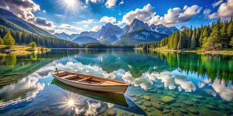 Obraz premium A solitary rowboat rests on tranquil waters, reflecting the majestic peaks and vibrant sky above, creating a picturesque panorama of serene beauty.