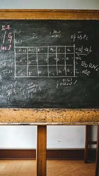 Chalkboard filled with mathematical equations in a classroom setting during the day