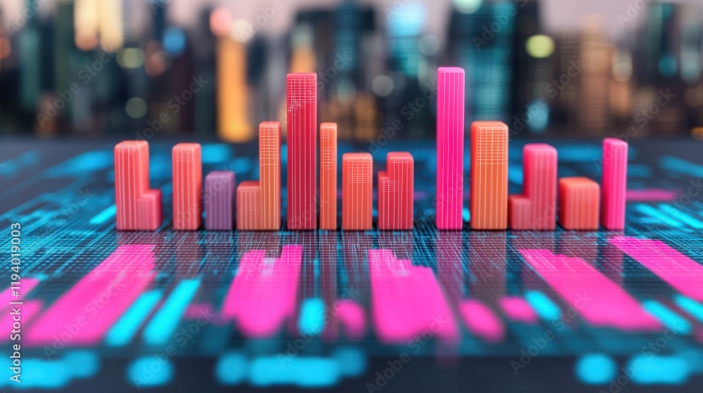 Poster colorful bar graph representation of data trends and business insights with background skyline at du