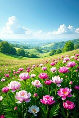 Obraz premium A sea of pink and white peonies stretches across a vast green landscape under bright blue sky, rolling hills, serene