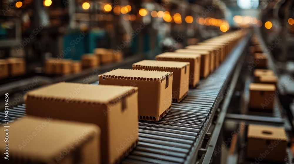 Poster a busy warehouse assembly line with rows of cardboard boxes moving along conveyor belt in industrial