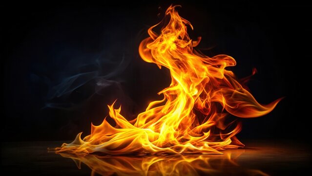 Intense, vibrant flames dance against a dark backdrop, their heat reflected in the surface below.  The fire burns brightly, casting a warm glow on the surrounding darkness.
