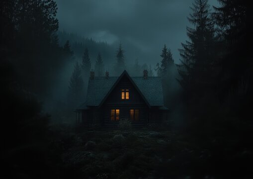 Foggy forest night cabin, glowing windows, mystery