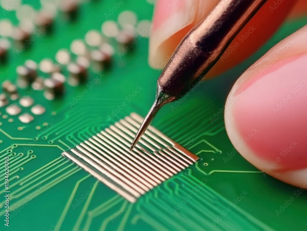 Poster precision handcrafting on electronic circuit board with fine tip tool highlighting intricate details