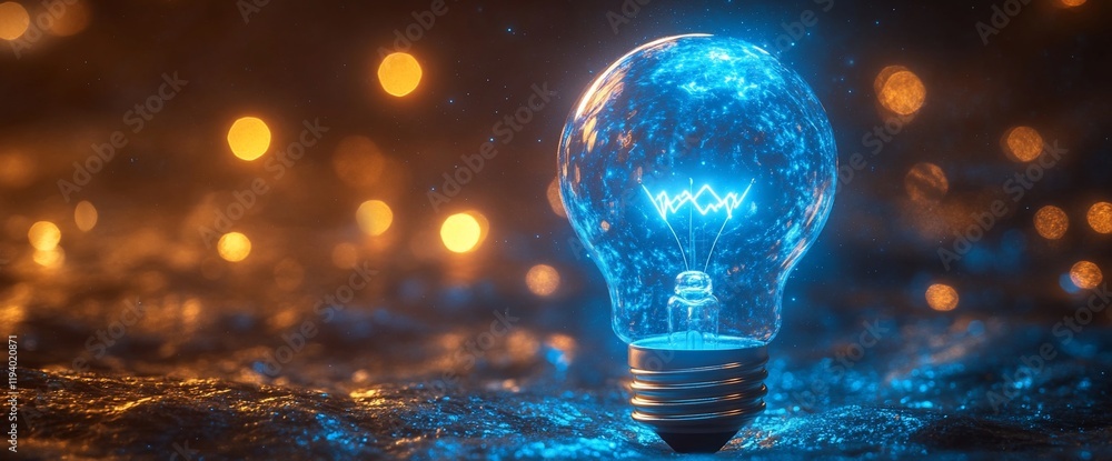 Poster glowing blue lightbulb on dark background with bokeh.