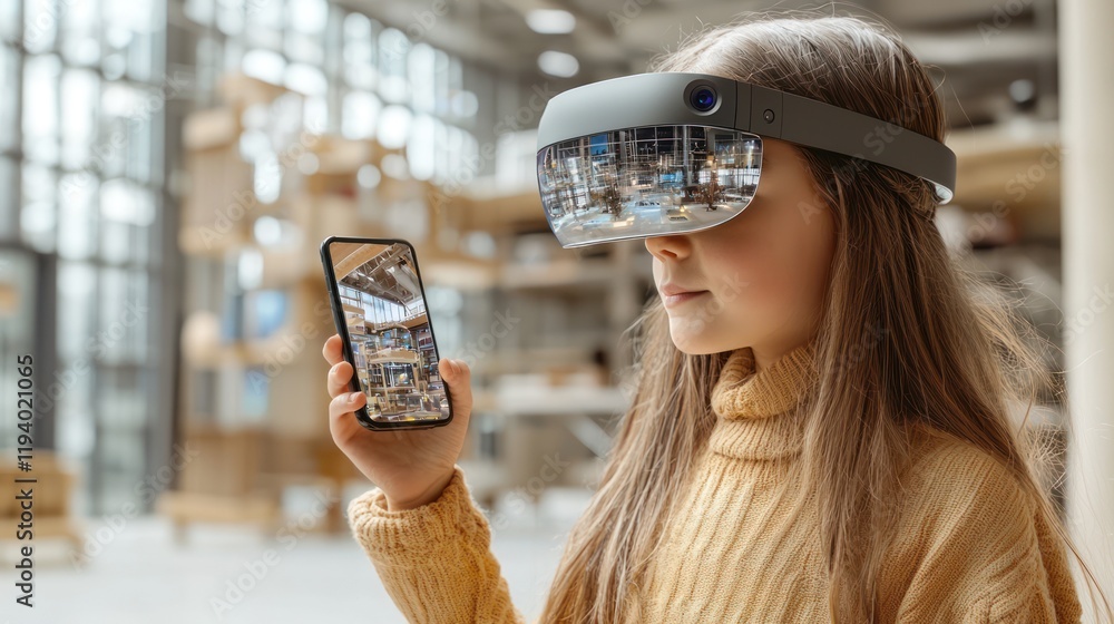 Poster a girl using augmented reality glasses while holding a smartphone, immersed in a tech-driven environ
