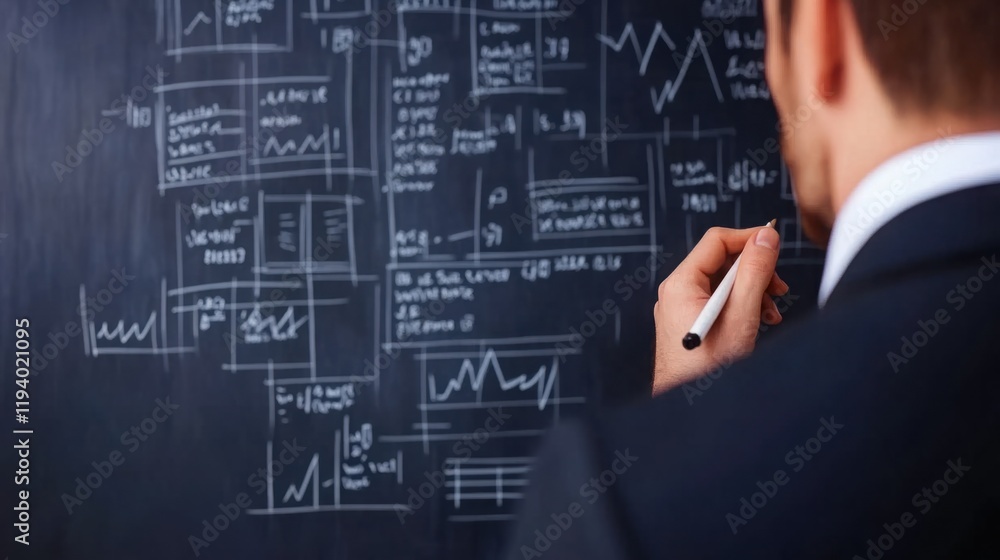 Aufkleber business professional analyzing complex data and graphs on a chalkboard, showcasing insights and str