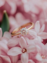 Elegant classic golden ring with diamond on pink hyacinth flower, pastel color background, 