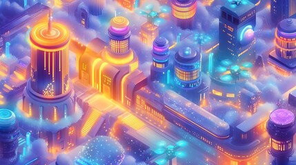futuristic cityscape, neon lights, cloud city - isometric illustration