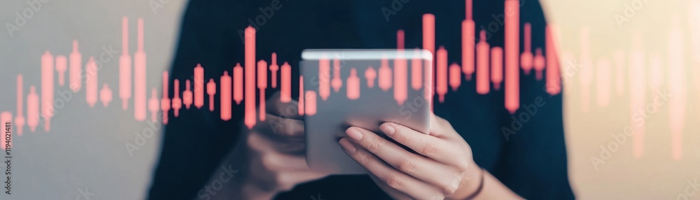 Aufkleber woman holding mobile device with graphical elements representing data analysis and digital communica