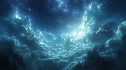 Fototapeta premium Glowing clouds and stars in night sky.