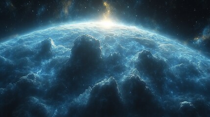 Fototapeta premium Glowing cloudscape on an alien planet, sunrise, space, cosmic.