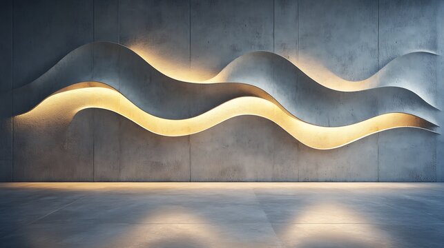 A textured concrete wall etched with organic geometric designs resembling flowing waves, paired with a smooth polished floor,