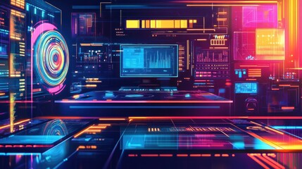 Obraz premium Futuristic control room; data streams, server room, glowing displays, tech innovation