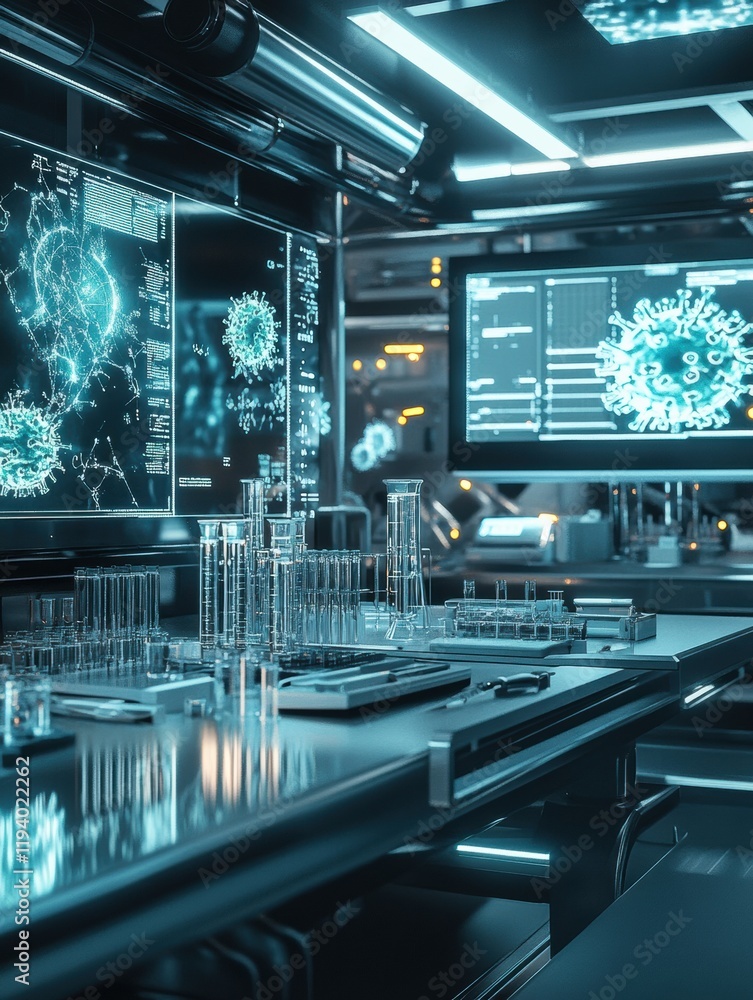 Poster modern laboratory setup featuring glowing monitors and test tubes in research facility focused on vi