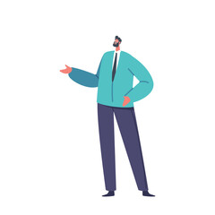 Mature Man in Formal Suit Smile and Gesturing with Hand. Male Character Speaking on Press Conference or Briefing