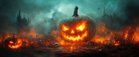 Naklejka premium Glowing jack-o'-lanterns amidst a fiery Halloween landscape with a haunted castle in the background.