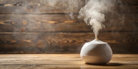 White diffuser emitting a soft, ethereal plume of steam against a rustic wooden backdrop.