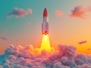A 3D rocket model taking off in vivid red and yellow, framed by soft pastel smoke trails and an orange gradient sky, isolated on a muted cyan background