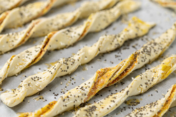 Salty and crispy puff pastry with sesame and chia seeds