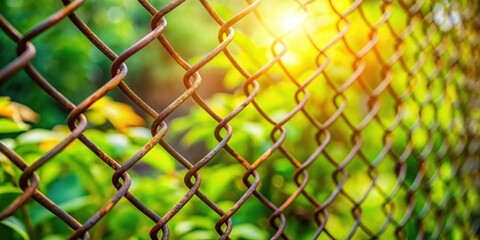 Fototapeta premium A rusty chain link fence with a blurry background of green foliage and warm sunlight.