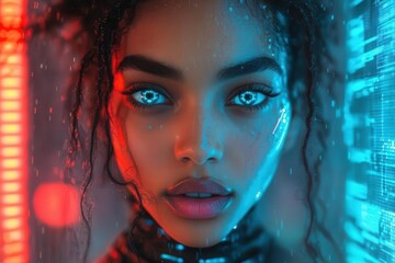 futuristic cybernetic woman with intricate mechanical features and luminous blue accents set against a neonlit urban backdrop with digital patterns exuding a sense of empowerment