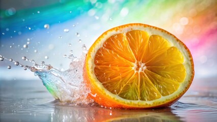 A burst of fresh citrus creates a vibrant splash of water, revealing the juicy segments of an orange slice against a backdrop of iridescent hues.