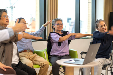 Group therapy session for asian seniors with physiotherapist, physical rehabilitation for elderly, senior fitness program group exercises, health and wellness for elderly physical therapy exercises