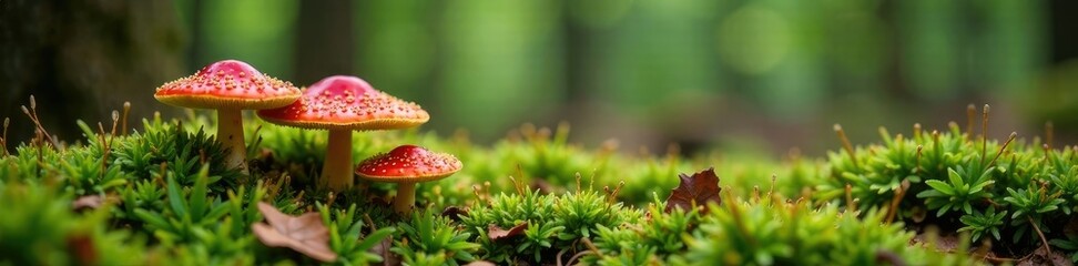 Fototapeta premium Forest floor moss carpeted with red caps of fungi, earthy tones, fungi