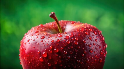 A vibrant red apple, glistening with droplets of water, is presented against a blurred green backdrop, highlighting the natural beauty of the fruit.