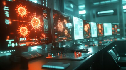 Modern laboratory filled with glowing monitors displaying virus data and test tubes during research. Generative AI
