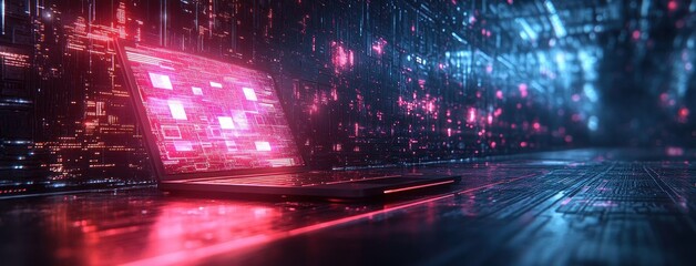 Futuristic Digital Workspace with Holographic Icons and Laptop for Document Management System and Information Security