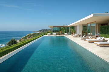 Fototapeta premium Large modern pool with blue water, ocean view, green hedges, lounge chairs, sunbeds, spacious lawn, elevated home, and glass house structure.
