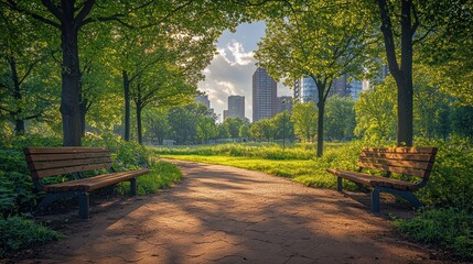 Obraz premium Park path between benches and tall city buildings at end.