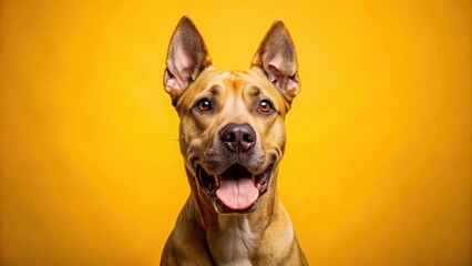 Obraz premium A canine with a joyful grin against a vibrant yellow background, showcasing the epitome of pure happiness and playful energy.