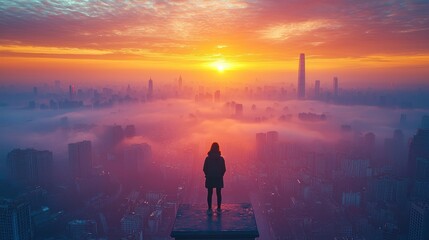 Fototapeta premium Person watches sunrise over foggy city.