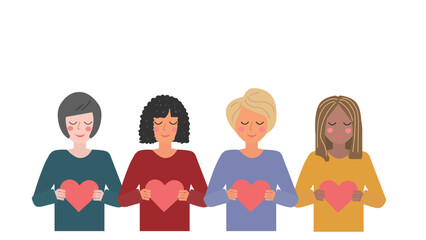 A group of four women holding heart-shaped objects, illustrated in flat design, represents kindness and care.