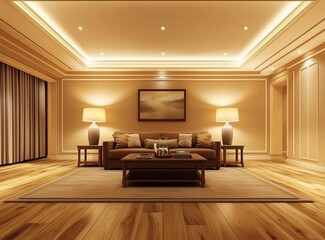 Fototapeta premium Spacious living area, soft lighting, wooden touches.